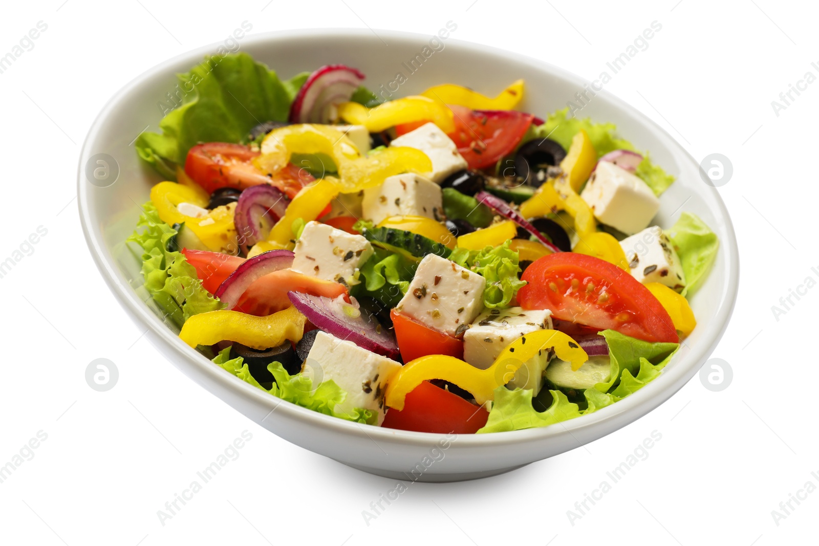 Photo of Delicious fresh Greek salad in bowl on white background