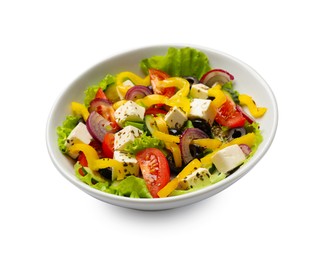 Photo of Delicious fresh Greek salad in bowl on white background