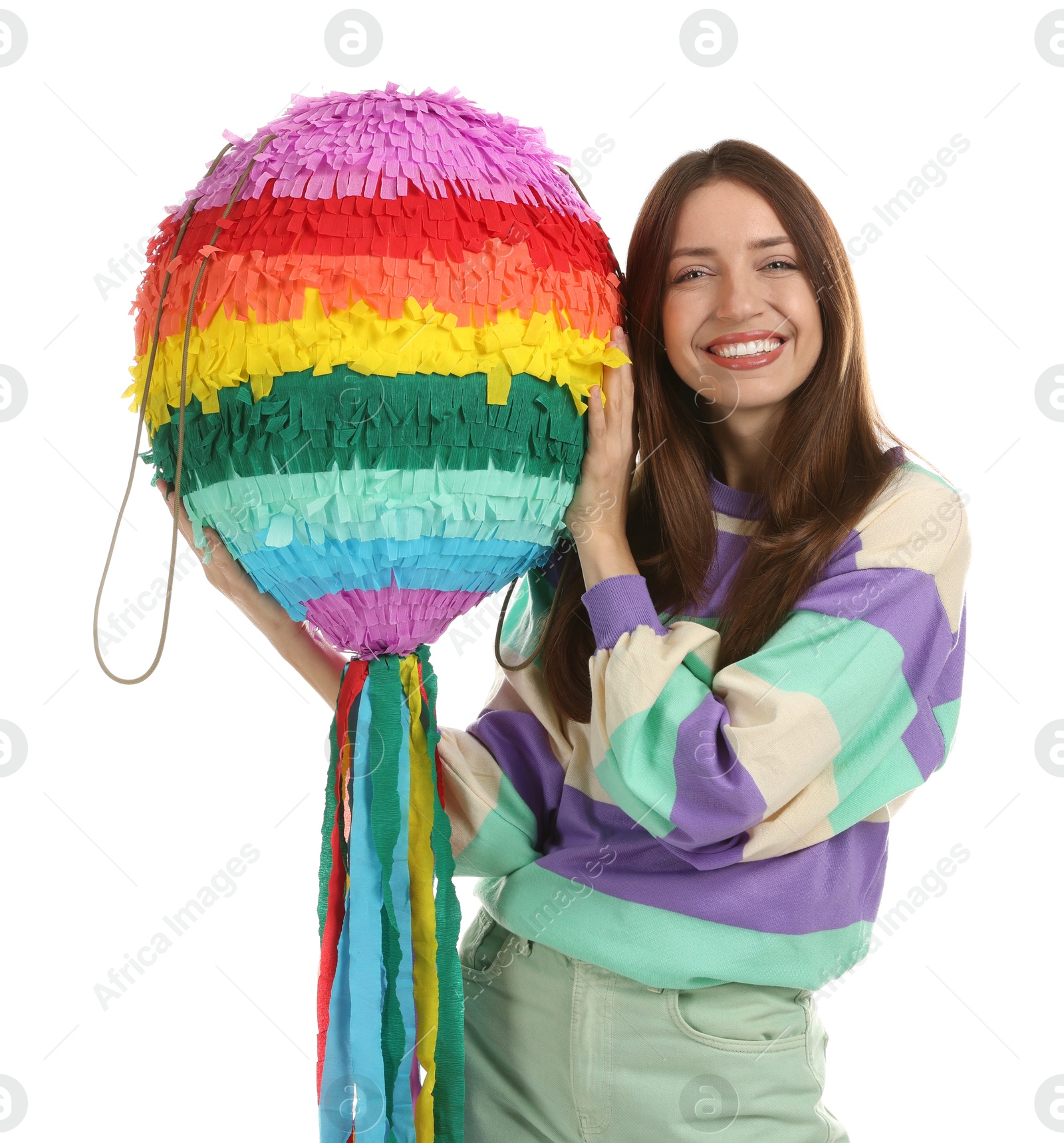 Photo of Happy woman with colorful pinata isolated on white