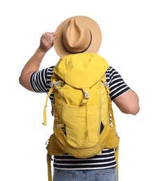 Photo of Traveller with backpack on white background, back view