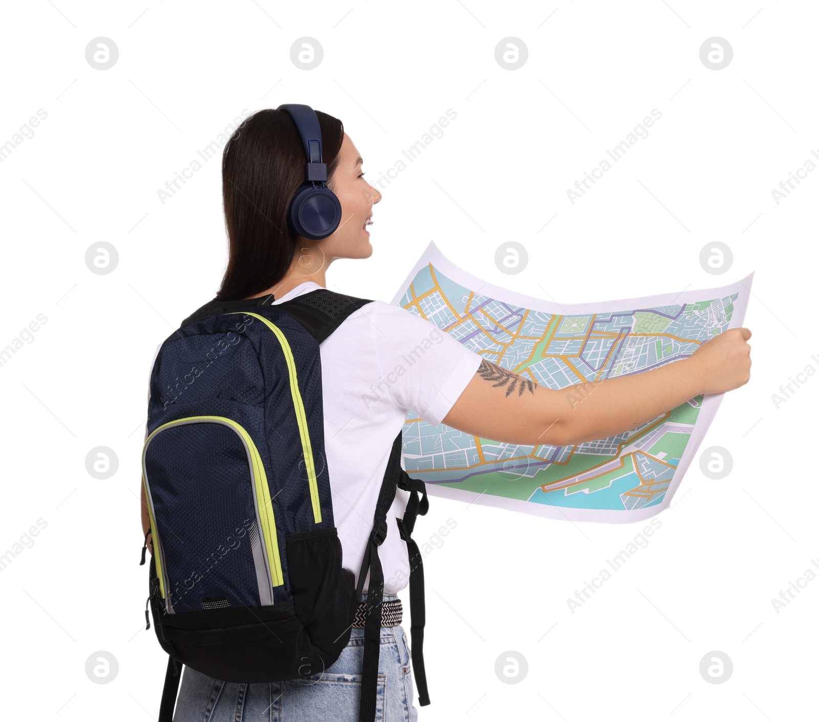 Photo of Traveller with backpack and map on white background, back view