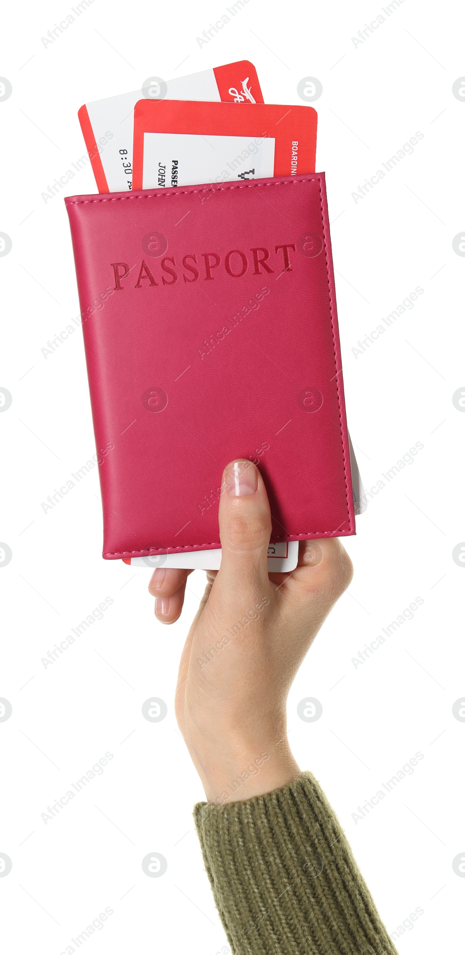 Photo of Woman holding passport with tickets on white background, closeup