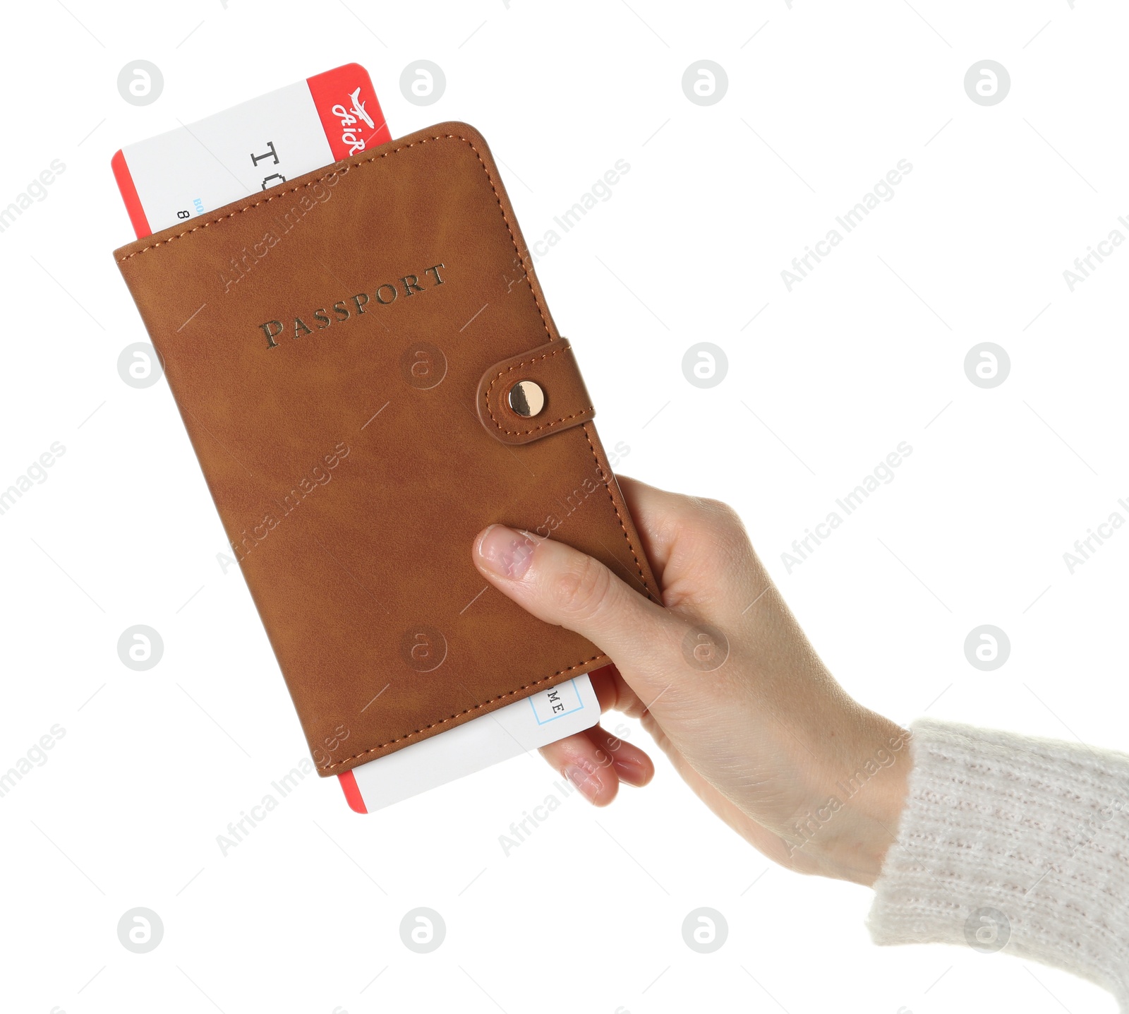 Photo of Woman holding passport with ticket on white background, closeup