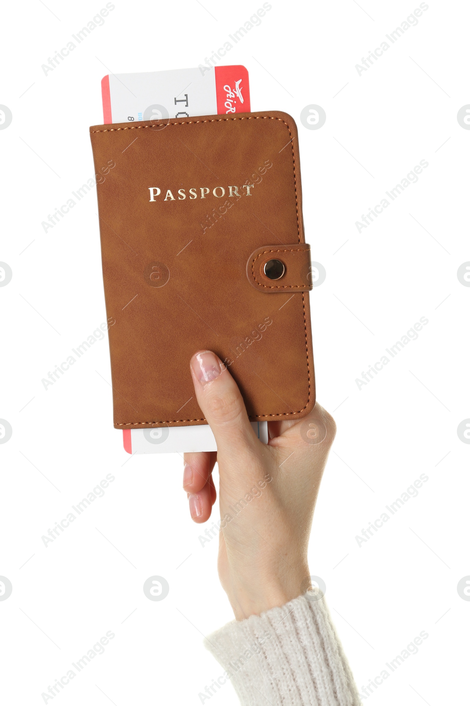 Photo of Woman holding passport with ticket on white background, closeup