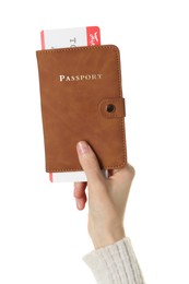 Photo of Woman holding passport with ticket on white background, closeup