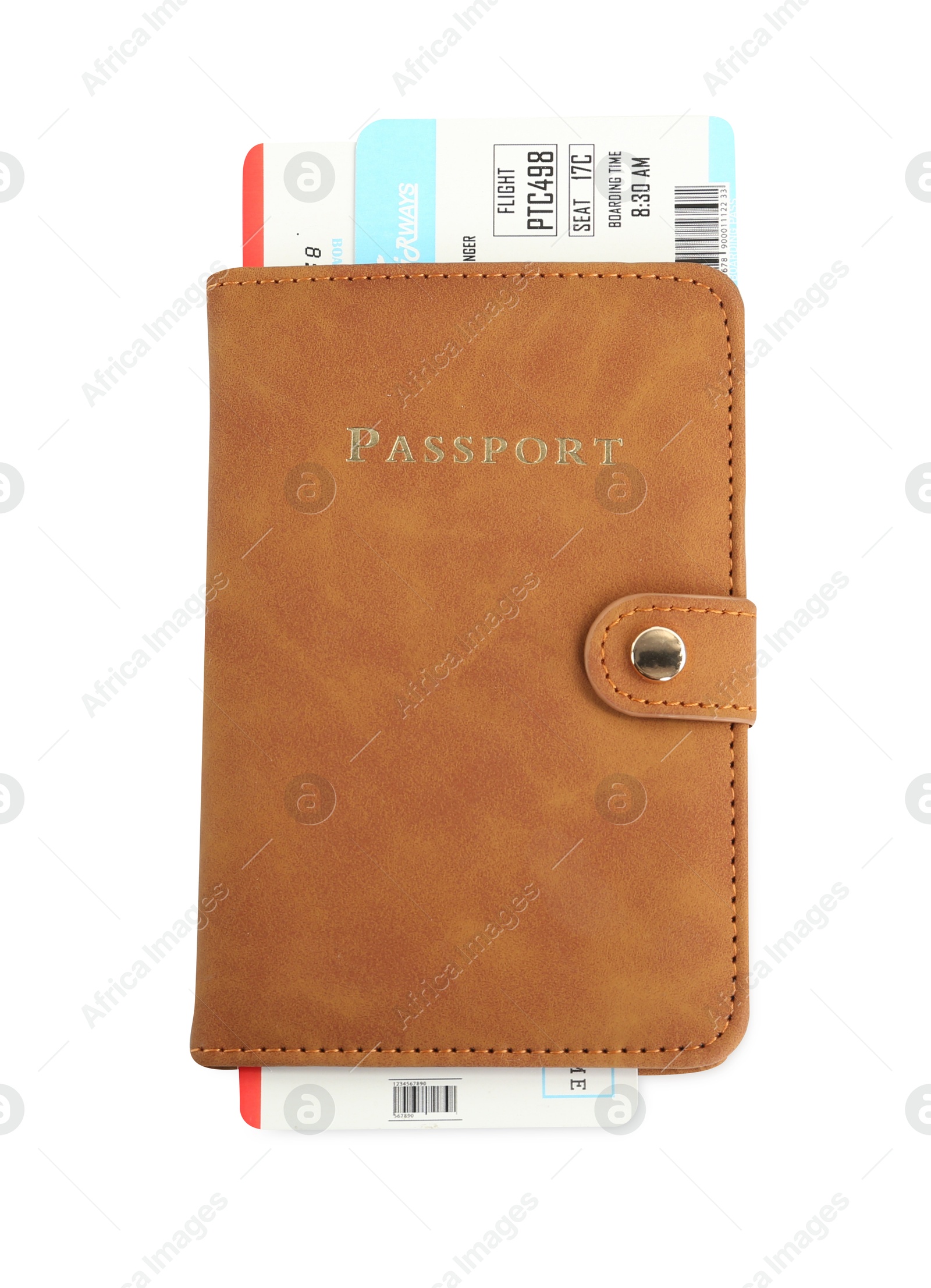 Photo of One passport with tickets isolated on white, top view