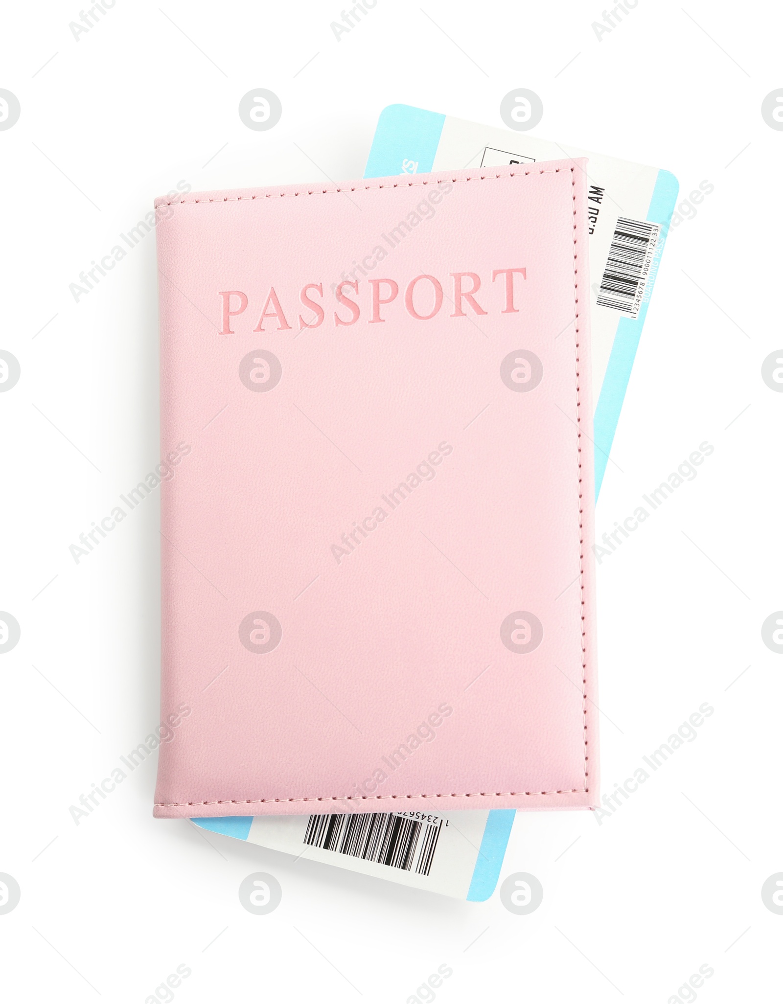 Photo of One passport with ticket isolated on white, top view