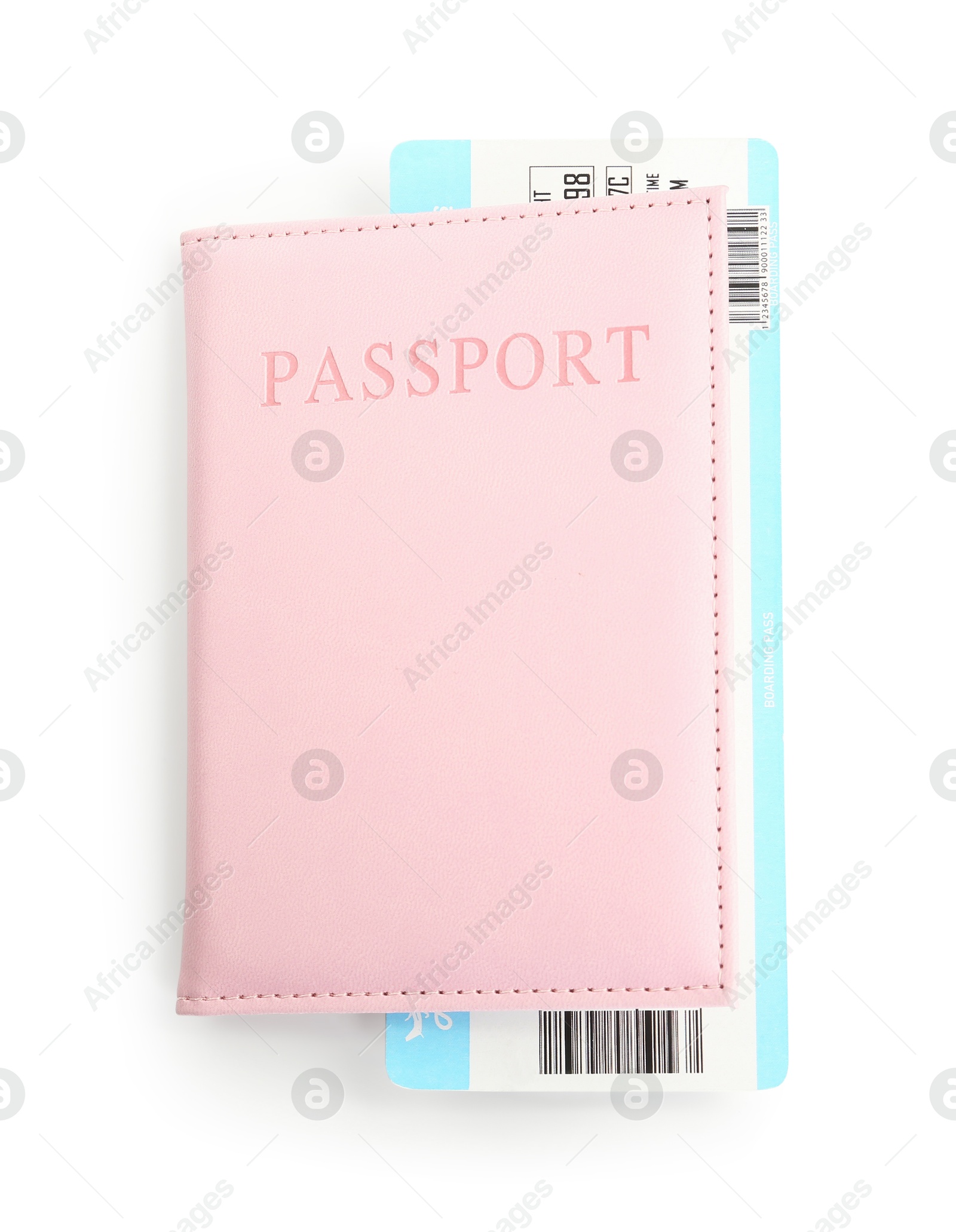 Photo of One passport with ticket isolated on white, top view