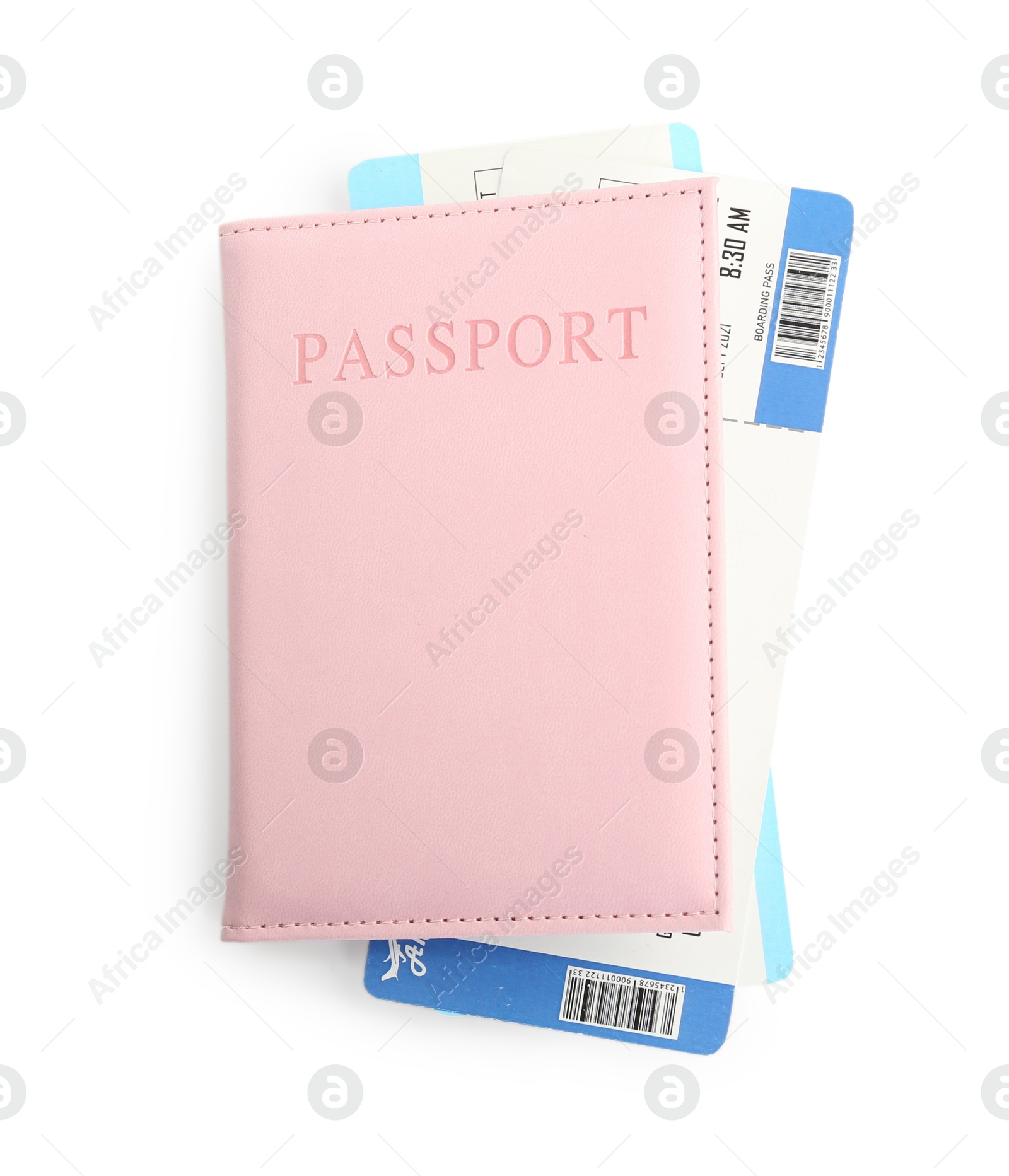 Photo of One passport with tickets isolated on white, top view