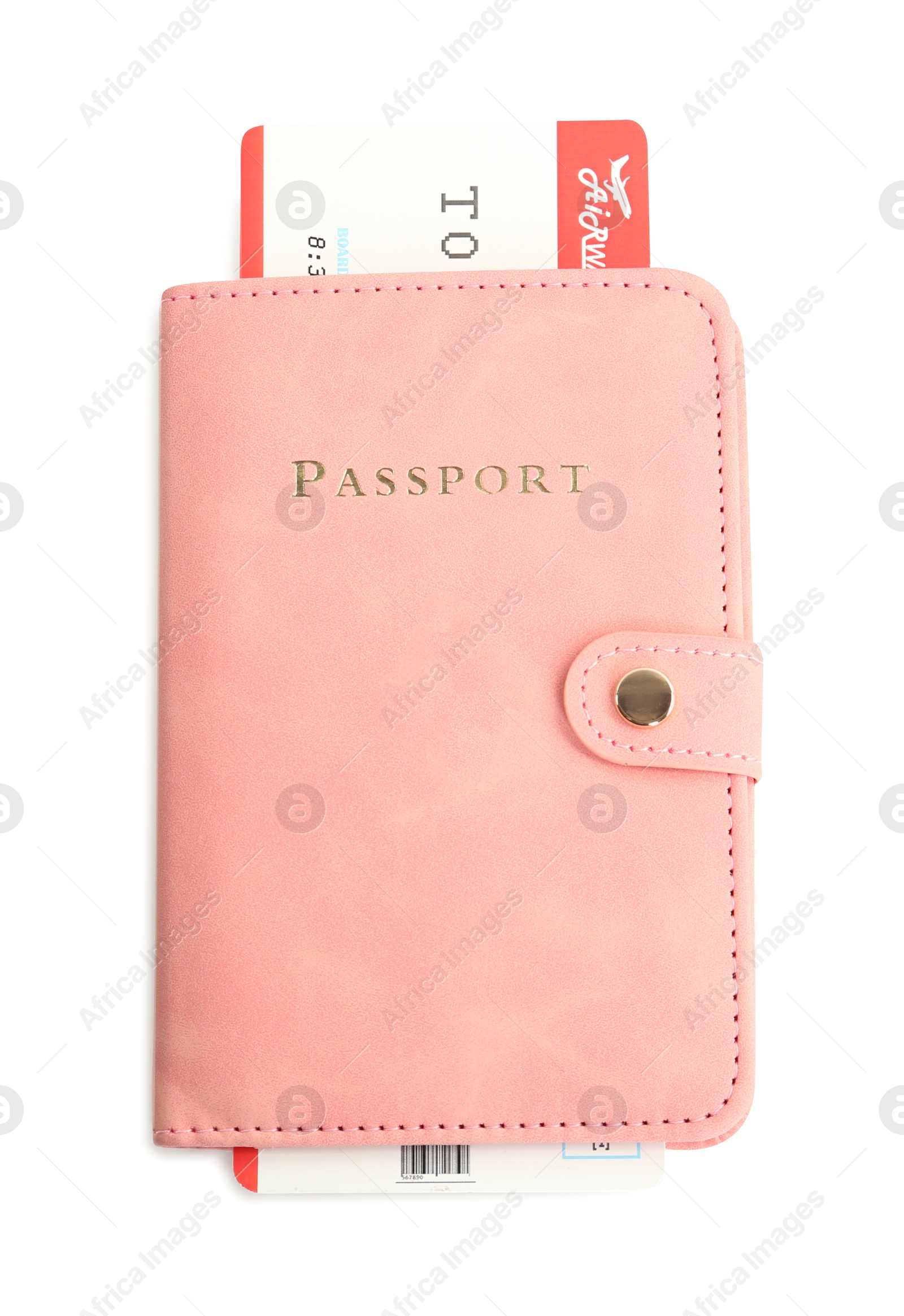 Photo of One passport with ticket isolated on white, top view