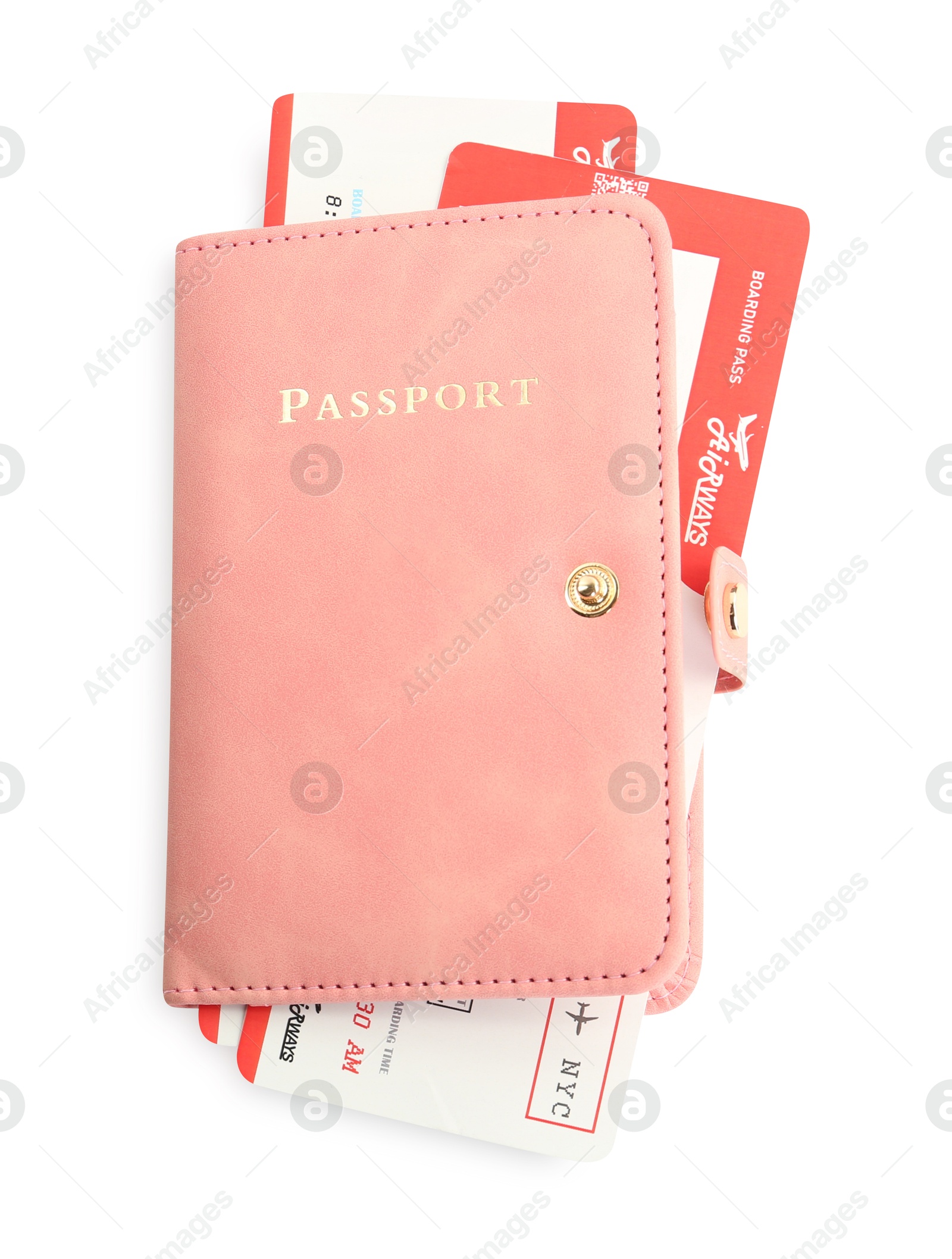 Photo of One passport with tickets isolated on white, top view