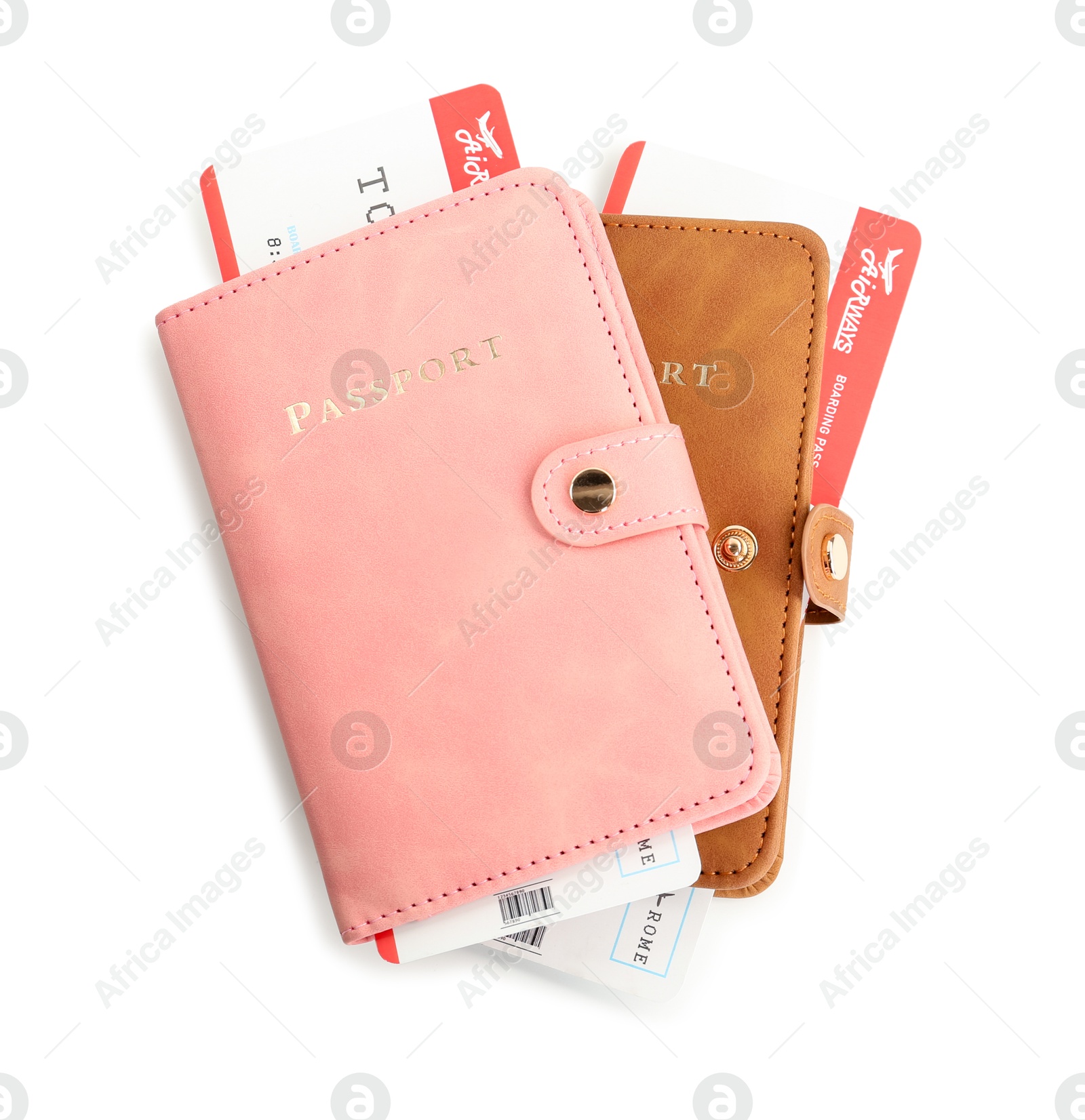 Photo of Two passports with tickets isolated on white, top view