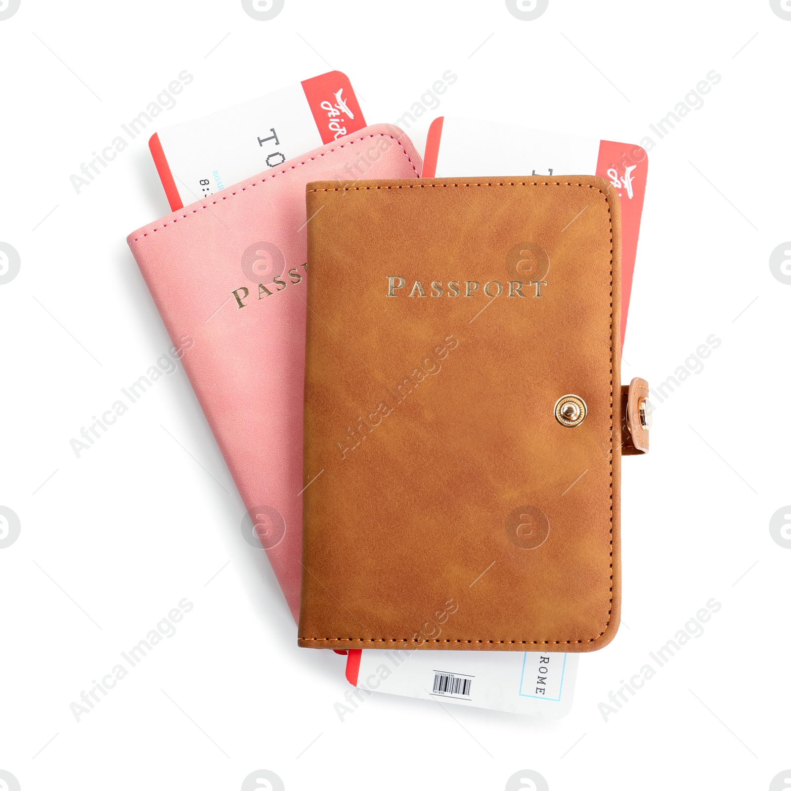 Photo of Two passports with tickets isolated on white, top view