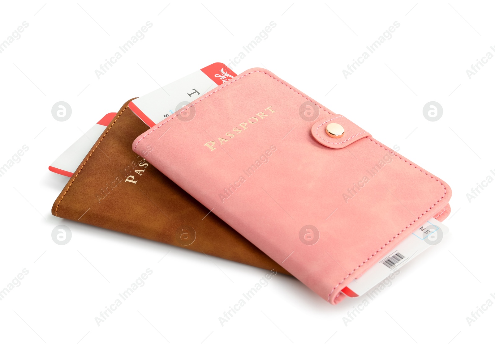 Photo of Two passports with tickets isolated on white