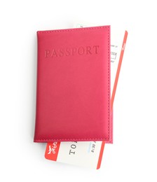 Photo of One passport with ticket isolated on white, top view