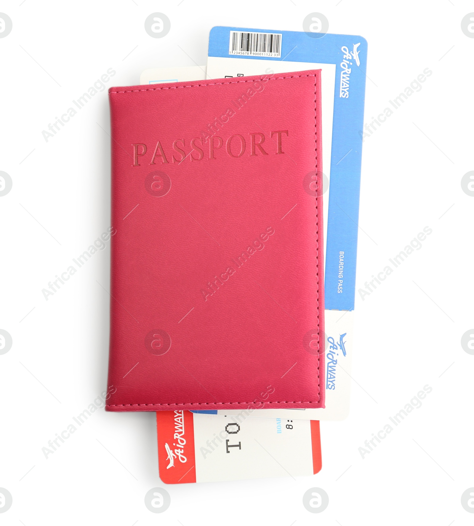 Photo of One passport with tickets isolated on white, top view