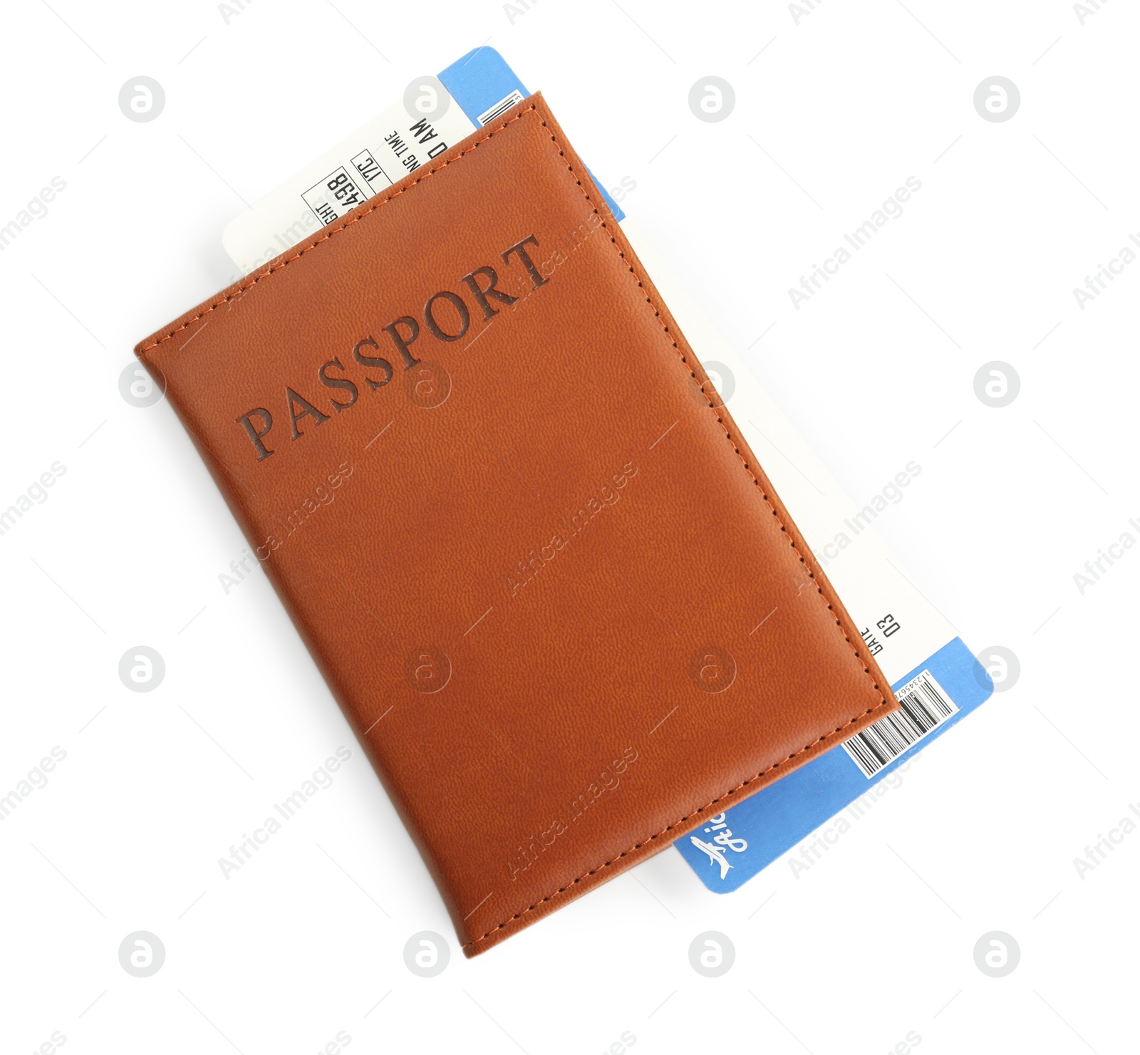 Photo of One passport with ticket isolated on white, top view