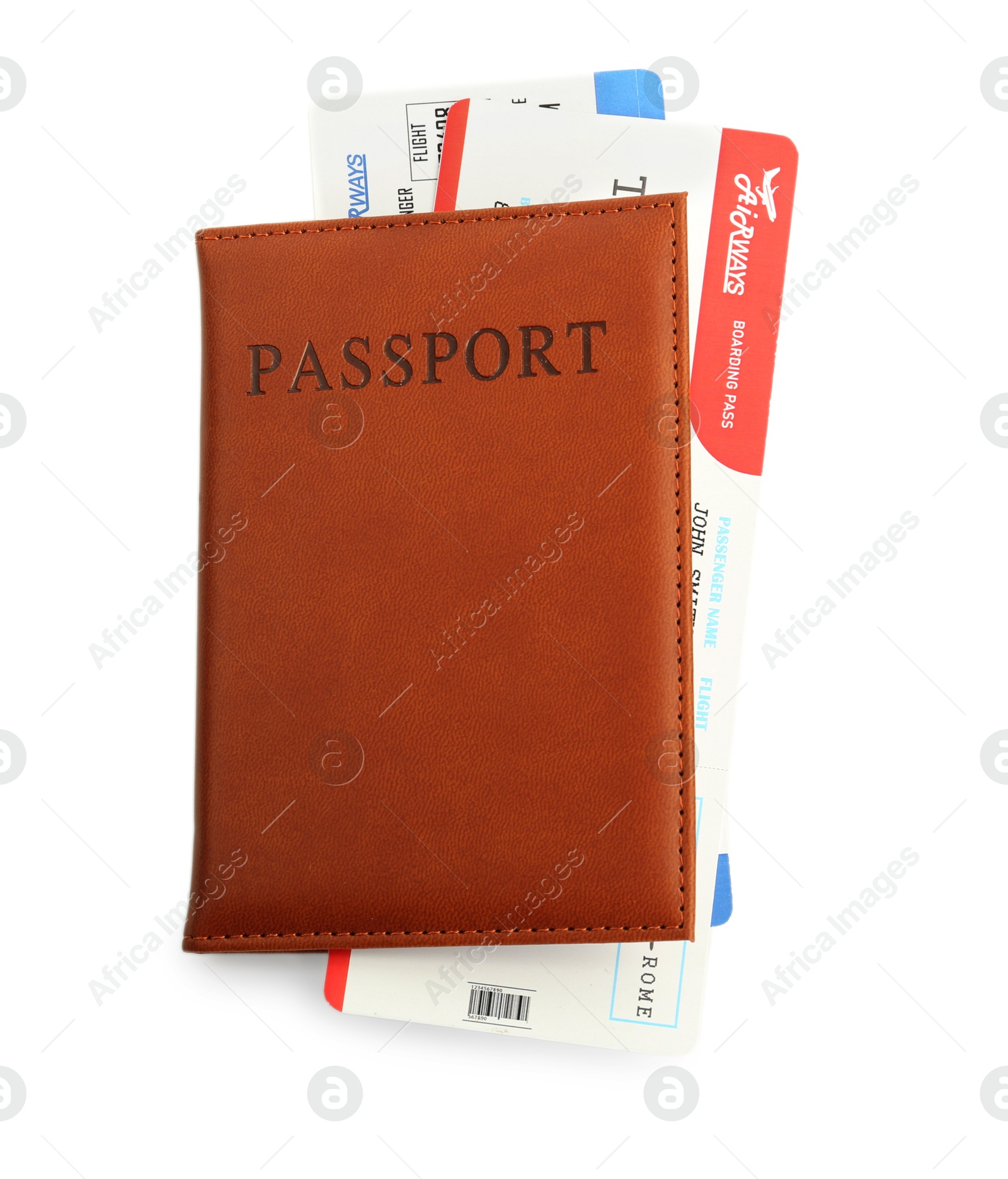 Photo of One passport with tickets isolated on white, top view