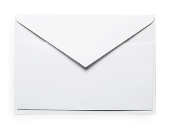 Photo of Envelope with card isolated on white, top view. Mockup for design