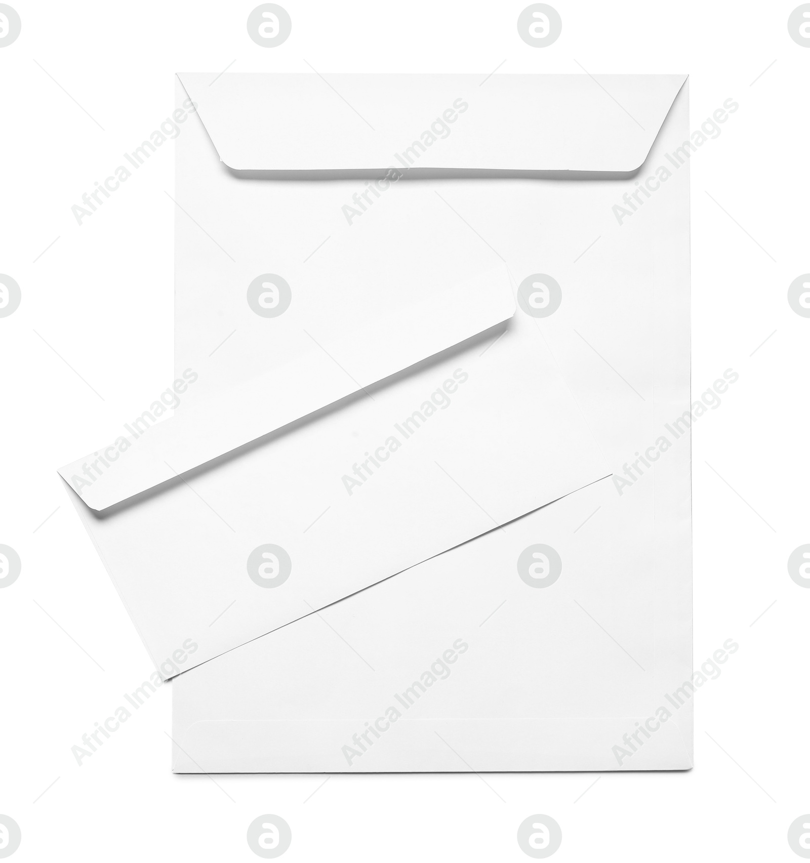 Photo of Envelopes isolated on white, top view. Mockup for design