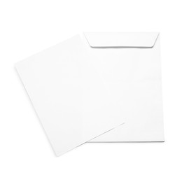 Photo of Envelope with card isolated on white, top view. Mockup for design