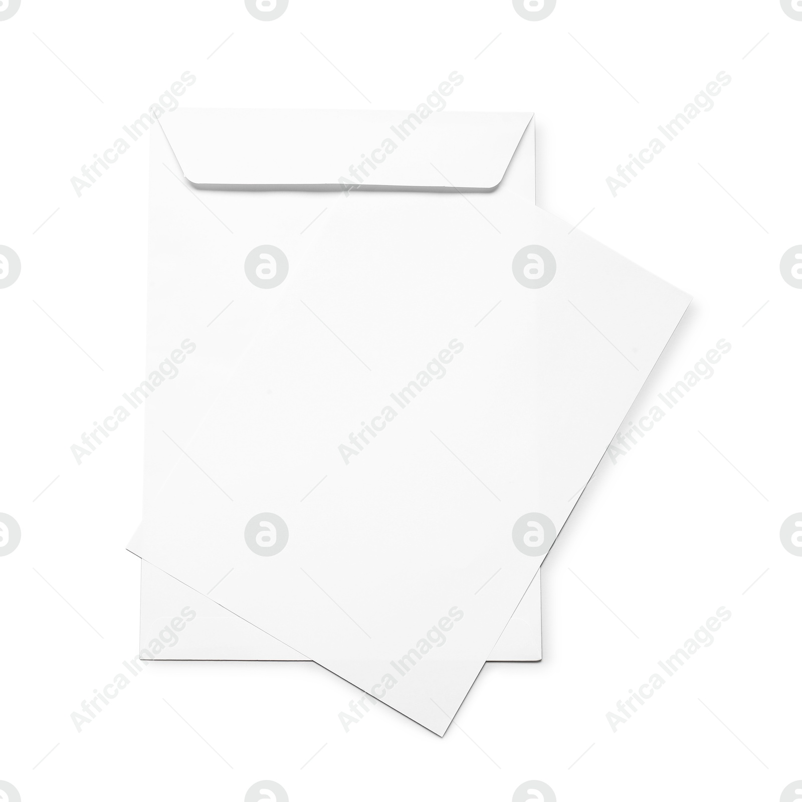 Photo of Envelope with card isolated on white, top view. Mockup for design