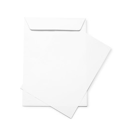 Photo of Envelope with card isolated on white, top view. Mockup for design