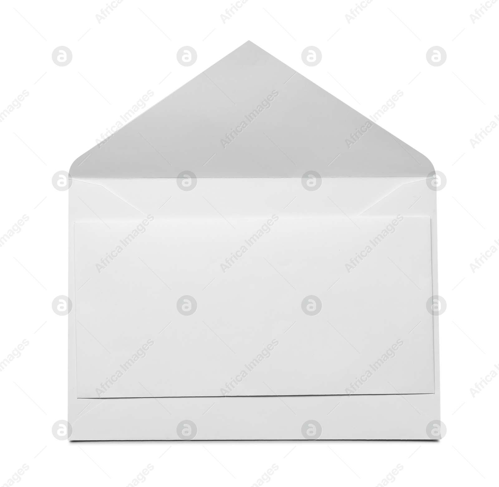 Photo of Envelope with card isolated on white, top view. Mockup for design