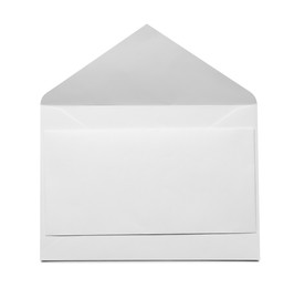 Photo of Envelope with card isolated on white, top view. Mockup for design