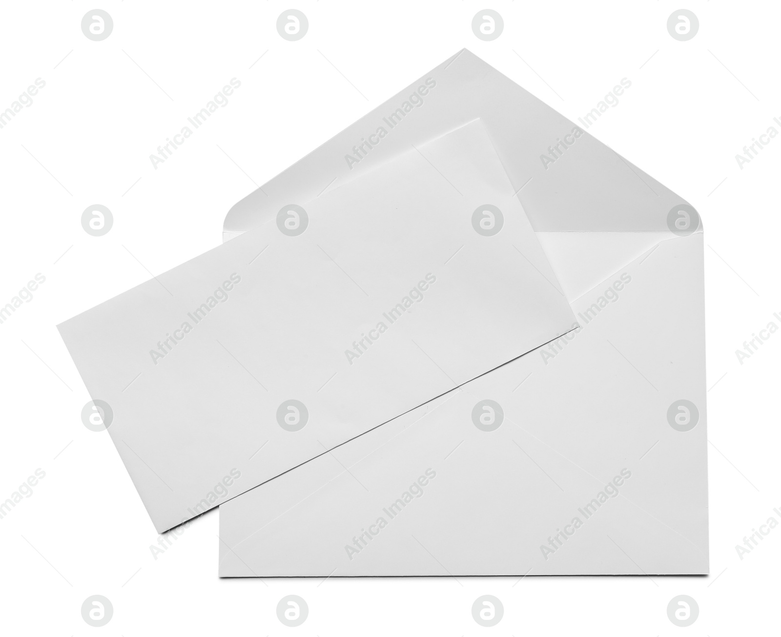 Photo of Envelope with card isolated on white, top view. Mockup for design