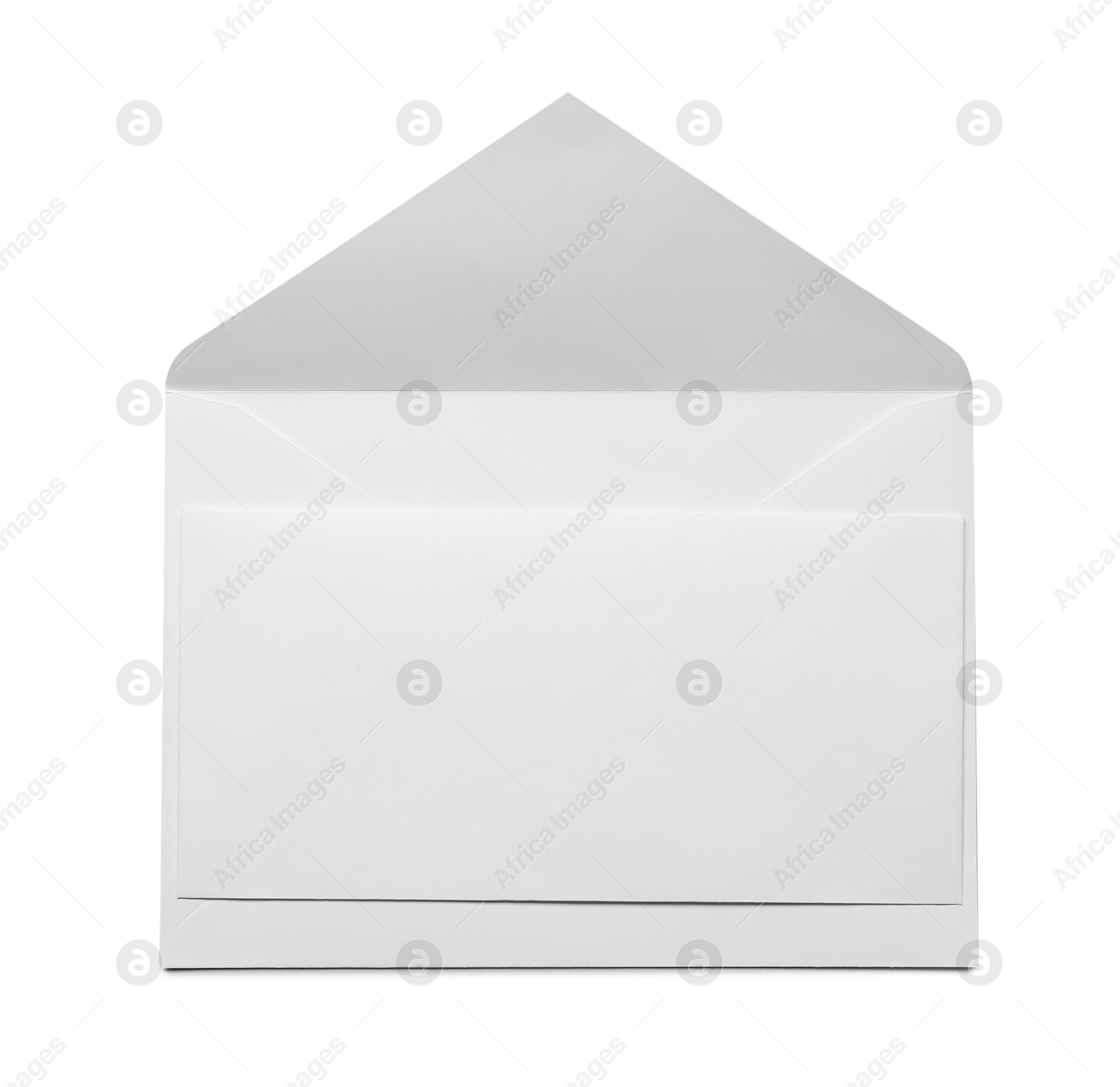 Photo of Envelope with card isolated on white, top view. Mockup for design