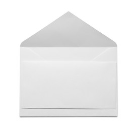 Photo of Envelope with card isolated on white, top view. Mockup for design