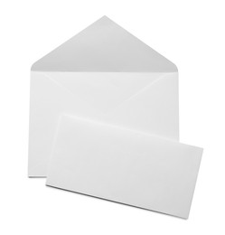 Photo of Envelope with card isolated on white, top view. Mockup for design