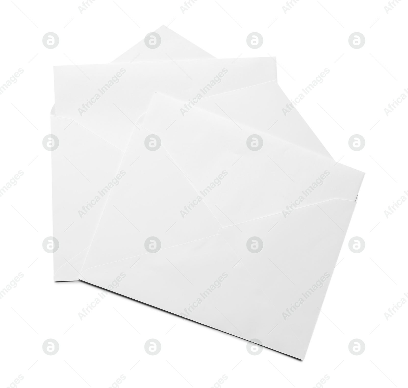 Photo of Envelopes with cards isolated on white, top view. Mockup for design