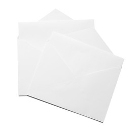 Photo of Envelopes with cards isolated on white, top view. Mockup for design