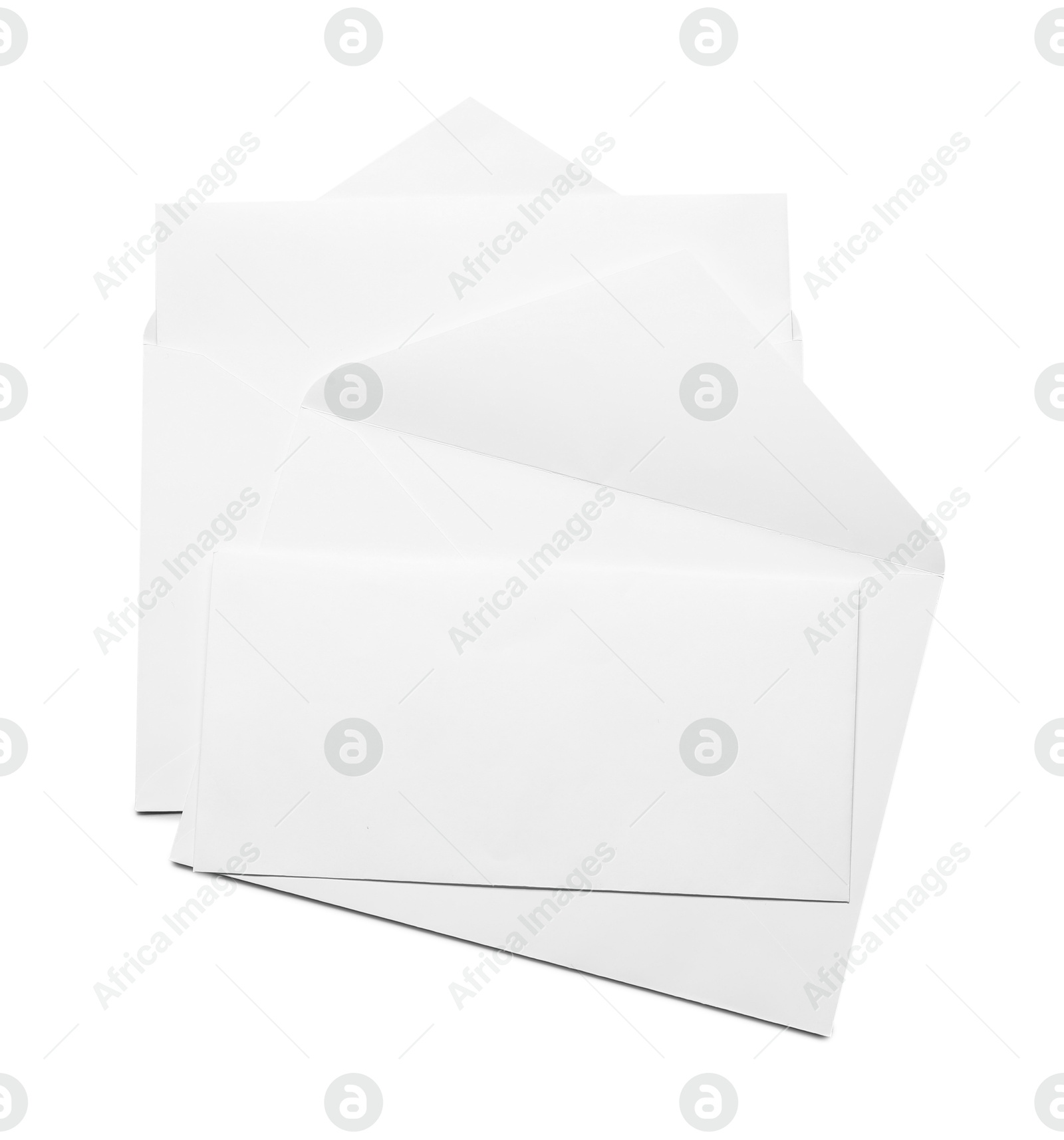 Photo of Envelopes with cards isolated on white, top view. Mockup for design