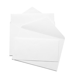 Photo of Envelopes with cards isolated on white, top view. Mockup for design