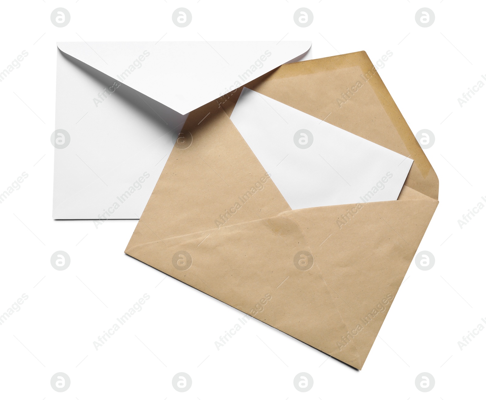 Photo of Envelopes with card isolated on white, top view. Mockup for design