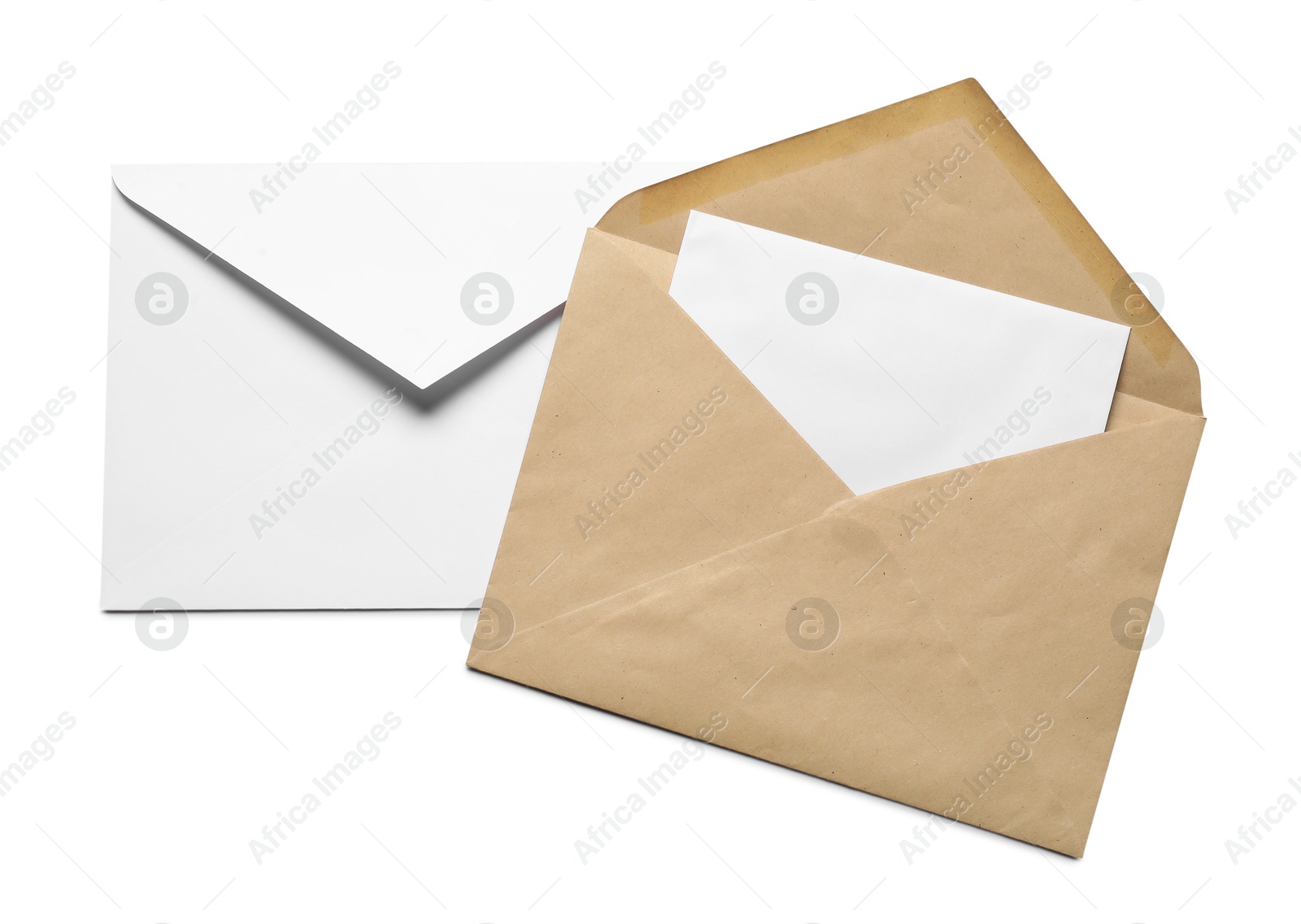 Photo of Envelopes with card isolated on white, top view. Mockup for design