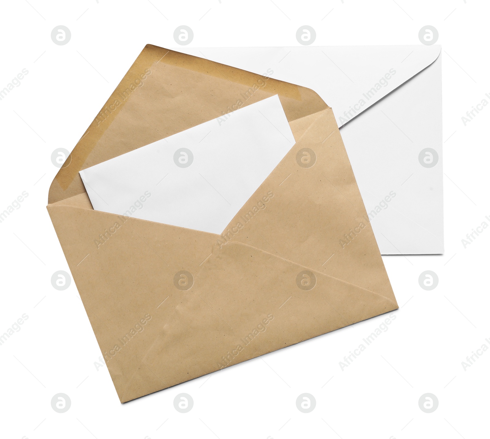 Photo of Envelopes with card isolated on white, top view. Mockup for design