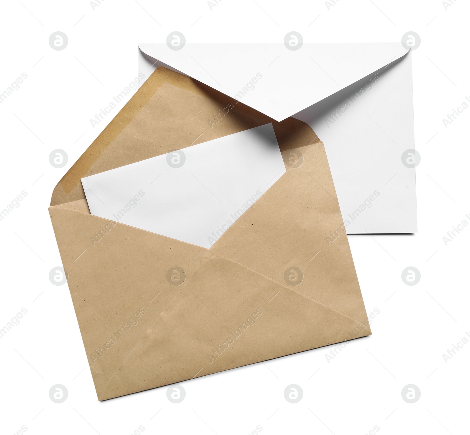 Photo of Envelopes with card isolated on white, top view. Mockup for design