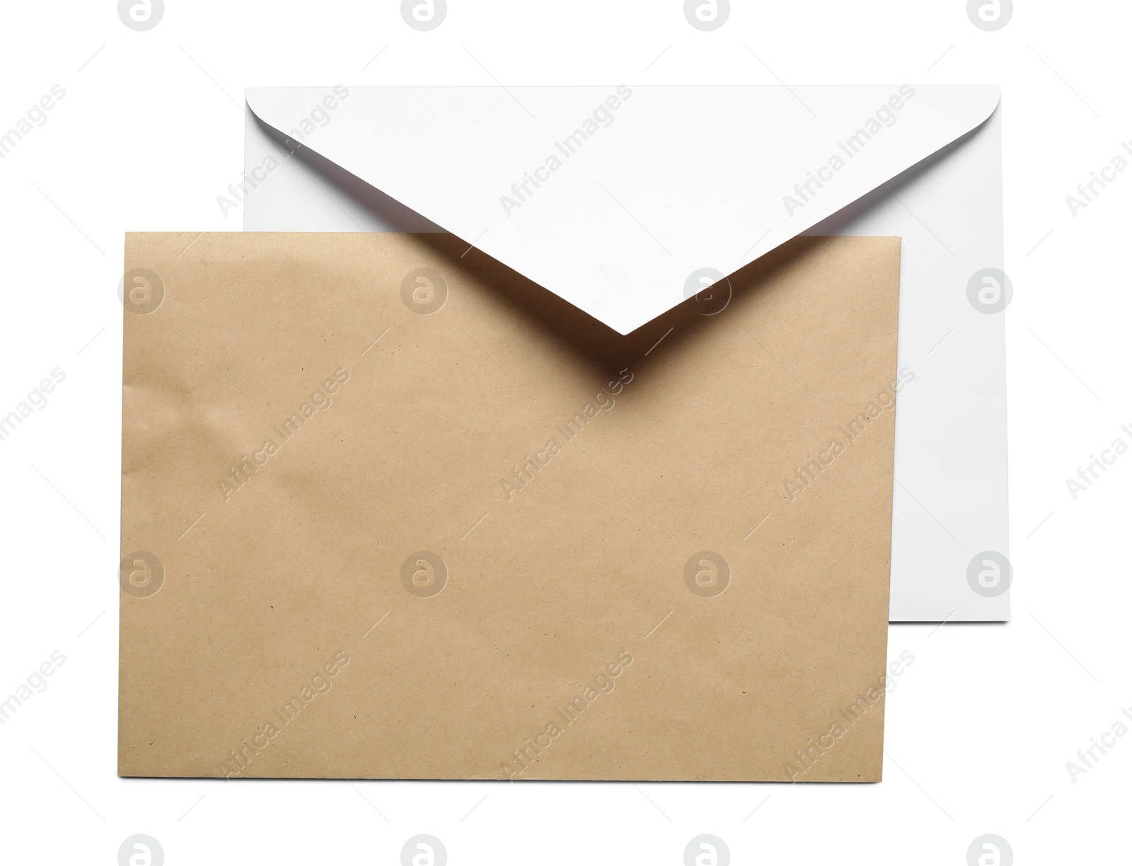 Photo of Envelopes isolated on white, top view. Mockup for design