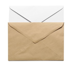 Photo of Envelopes isolated on white, top view. Mockup for design