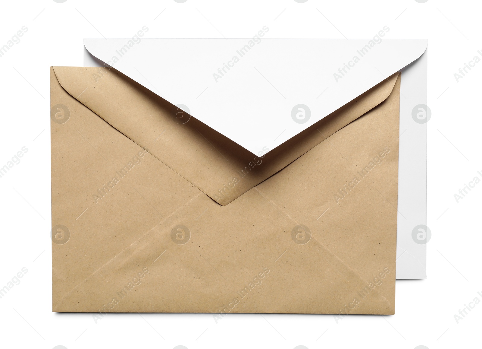 Photo of Envelopes isolated on white, top view. Mockup for design