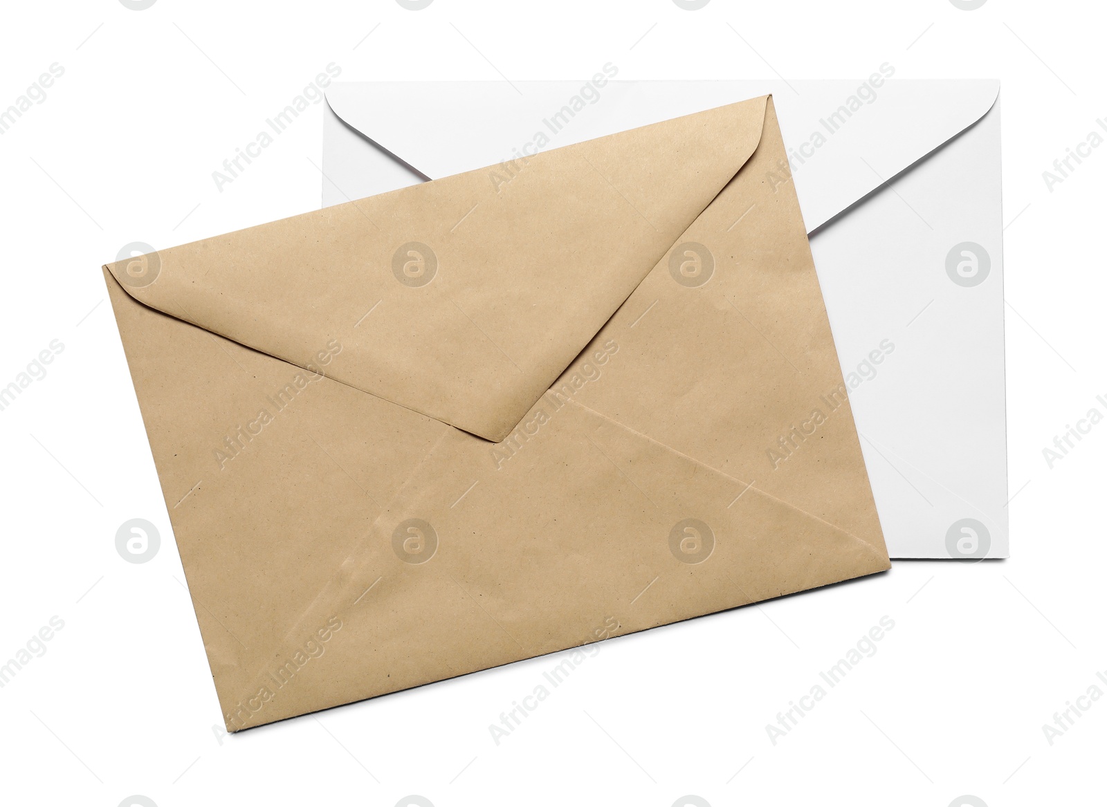 Photo of Envelopes isolated on white, top view. Mockup for design