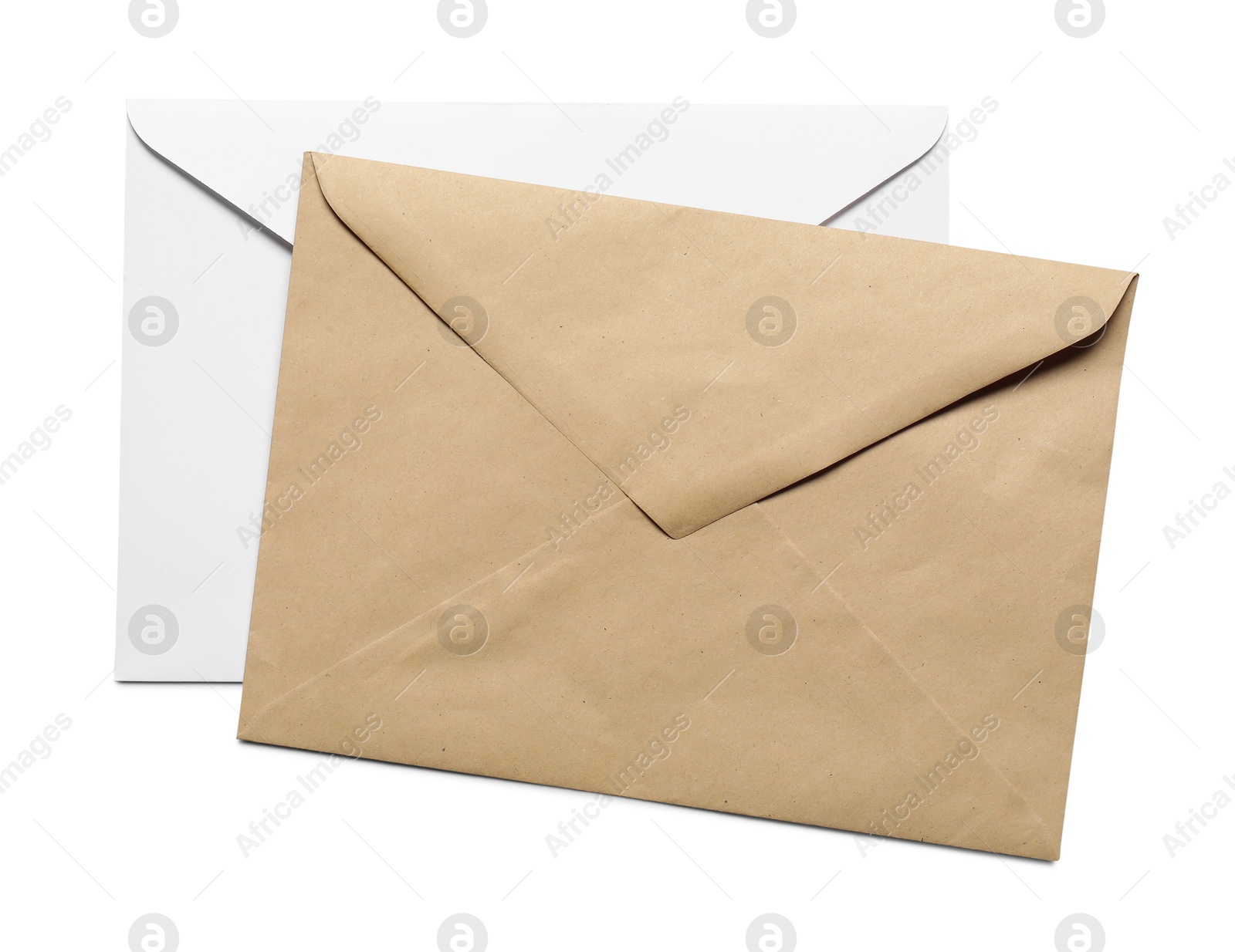 Photo of Envelopes isolated on white, top view. Mockup for design