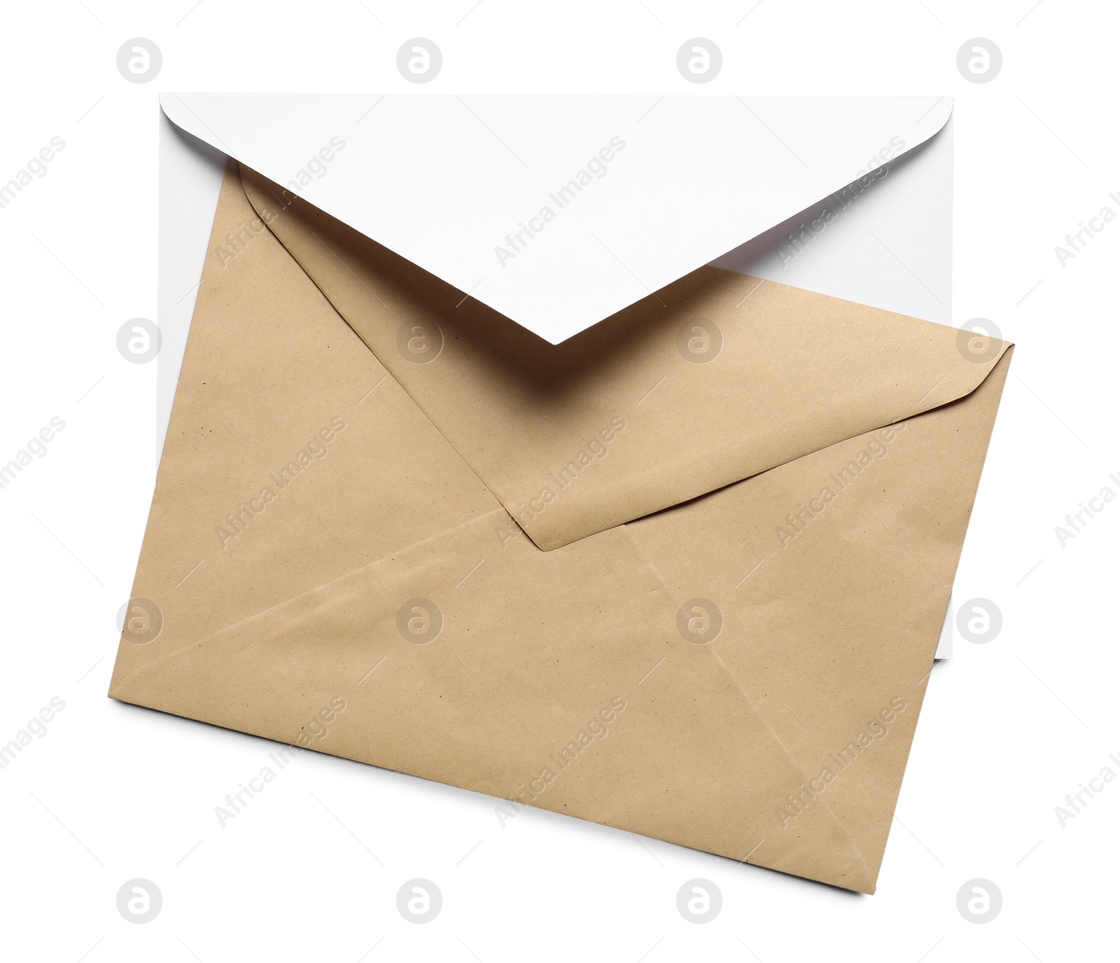 Photo of Envelopes isolated on white, top view. Mockup for design