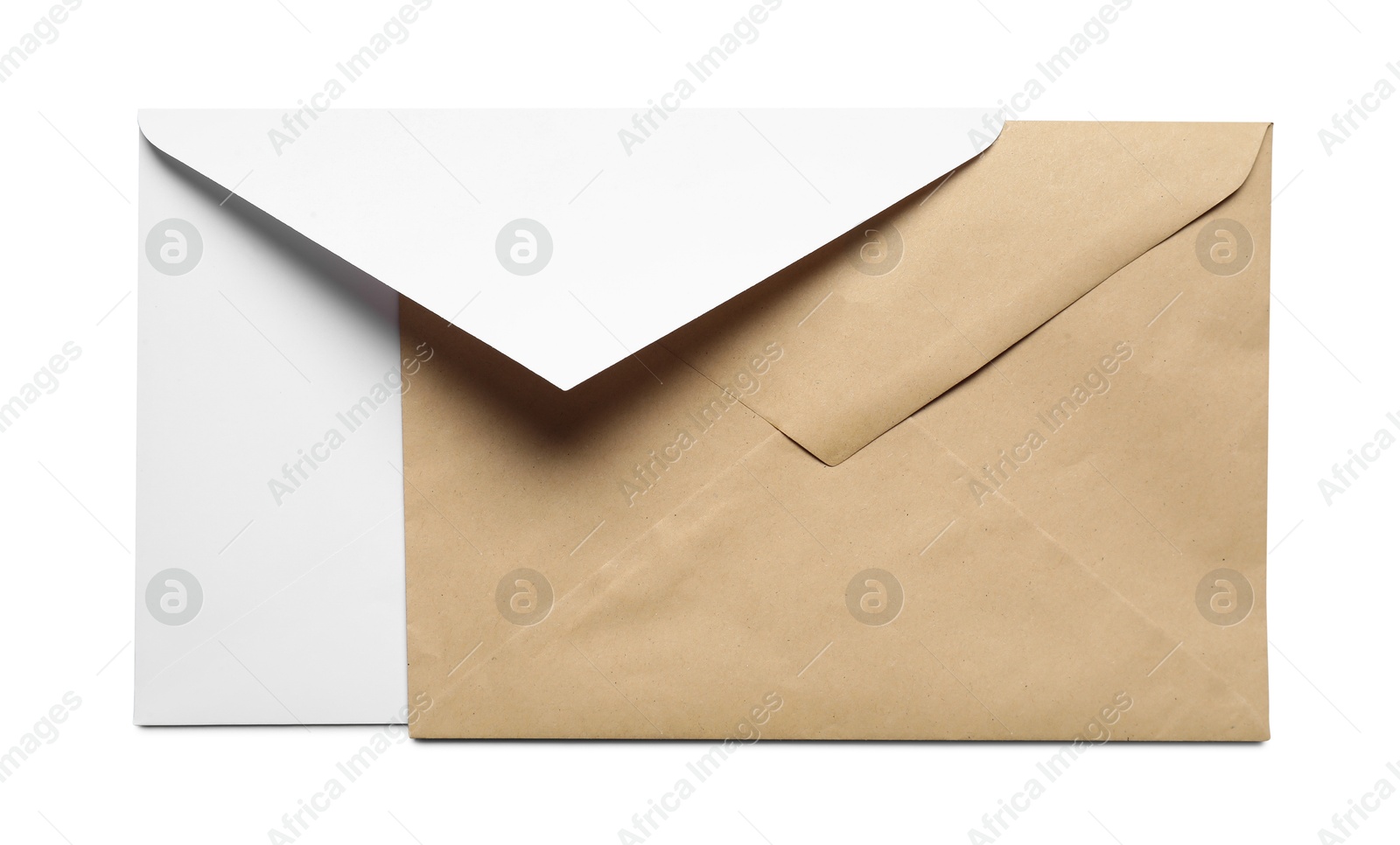 Photo of Envelopes isolated on white, top view. Mockup for design