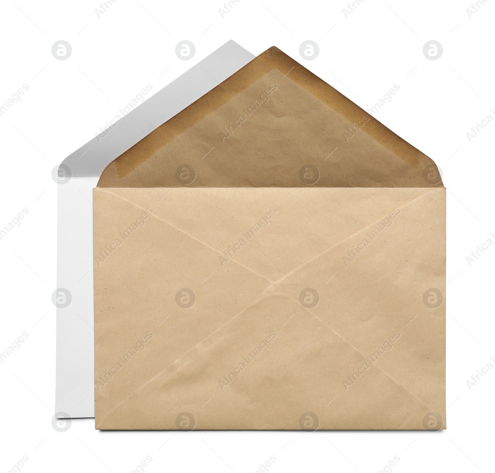 Photo of Envelopes isolated on white, top view. Mockup for design