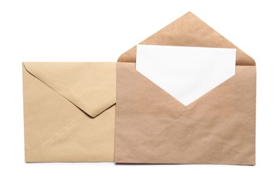 Photo of Envelopes isolated with card on white, top view. Mockup for design